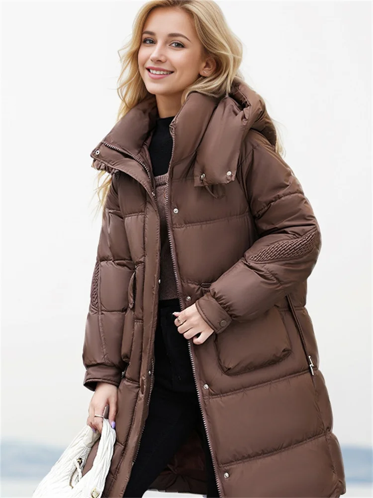 Oversize Woman Down Jacket Winter Long Coat 2024 New Hooded Big Pockets Thick Zipper Coat Woman Winter Overcoat