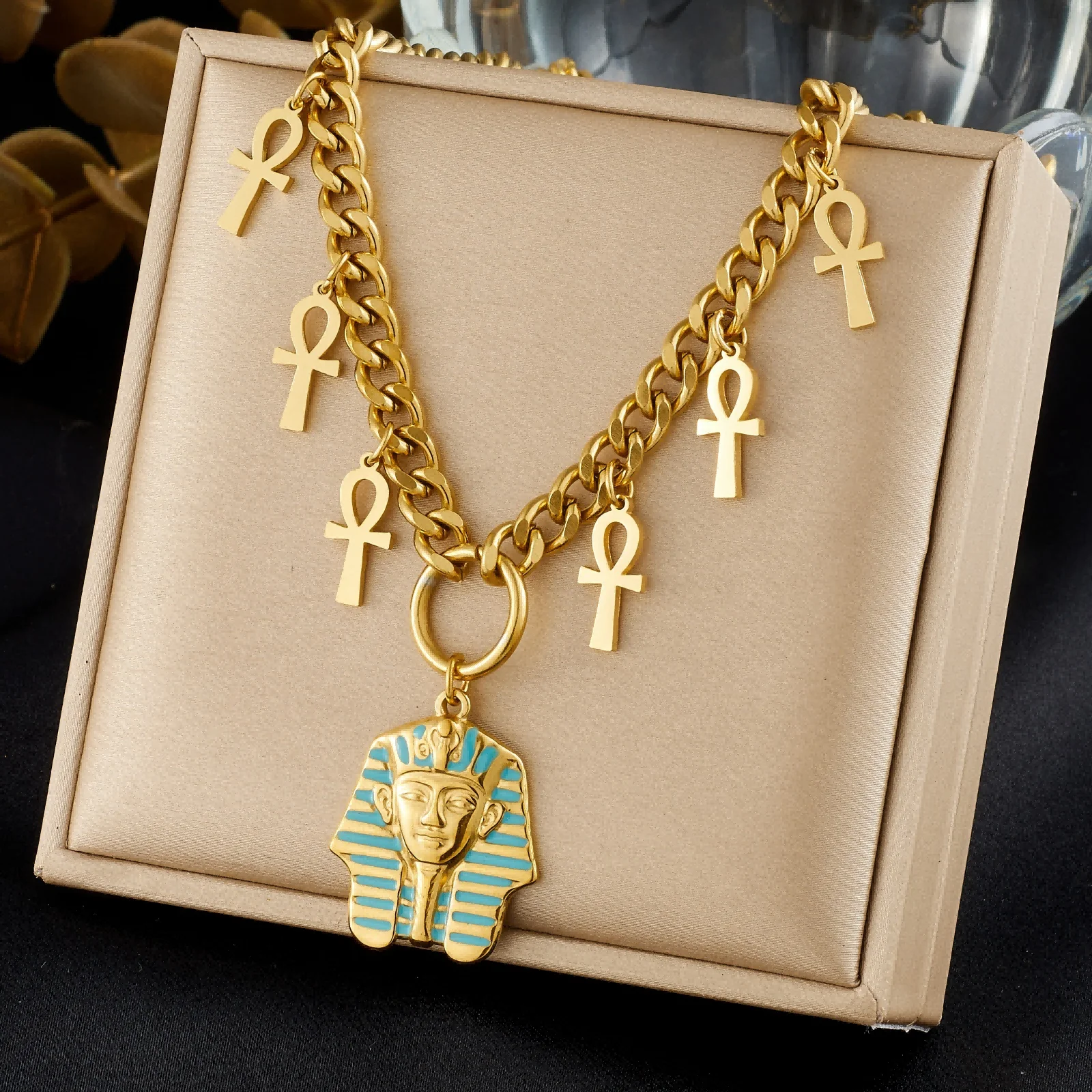 

18K Gold Pharaoh Ankh Cross Pendant Necklace 316L Stainless Steel Chunky Curb Chain Egyptian Vintage Women Jewelry
