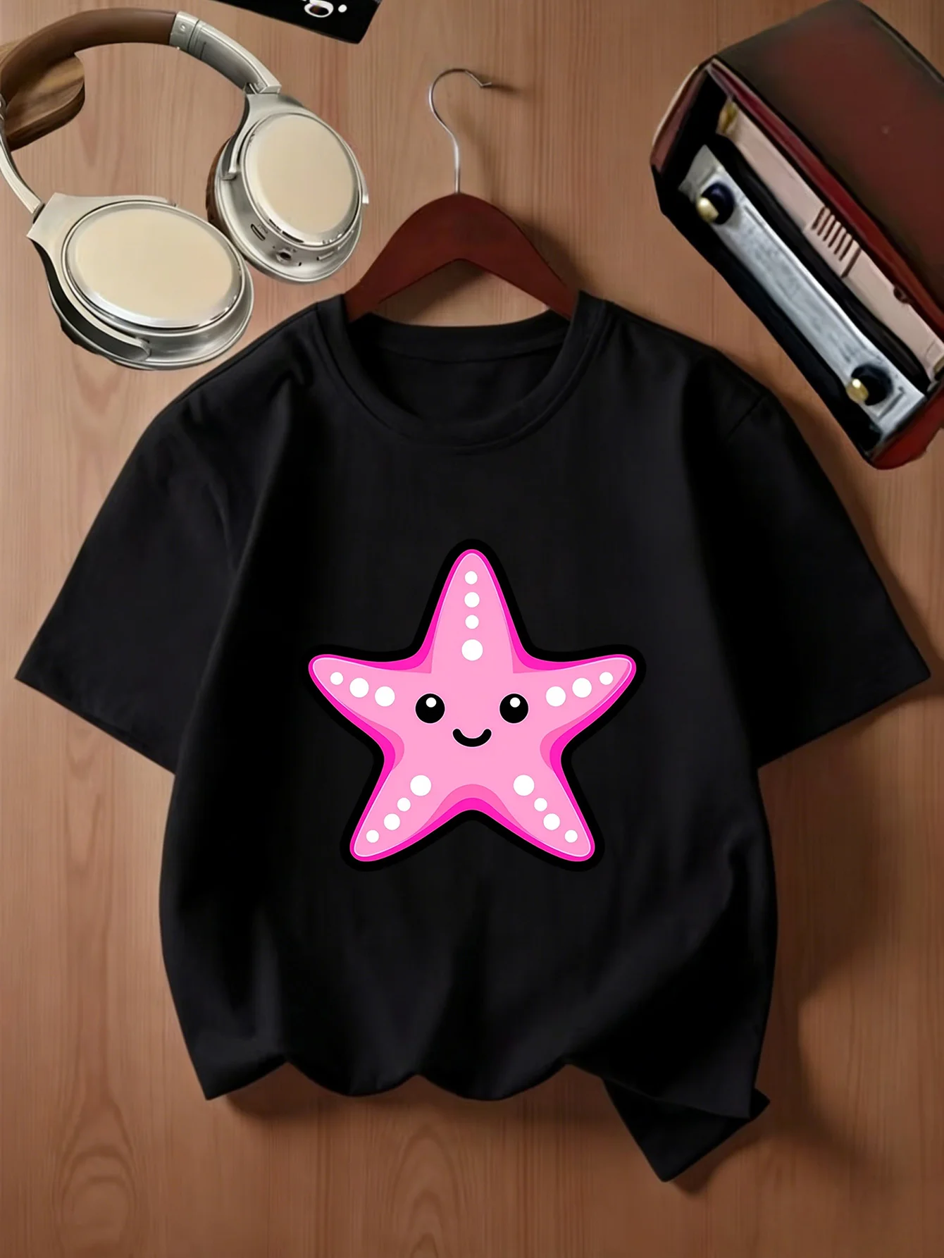Kawaii Pink Spotted Starfish Cartoon Print Kids T Shirt Boys Girls Family Matching Parent Child Summer Crew Neck Casual Tee
