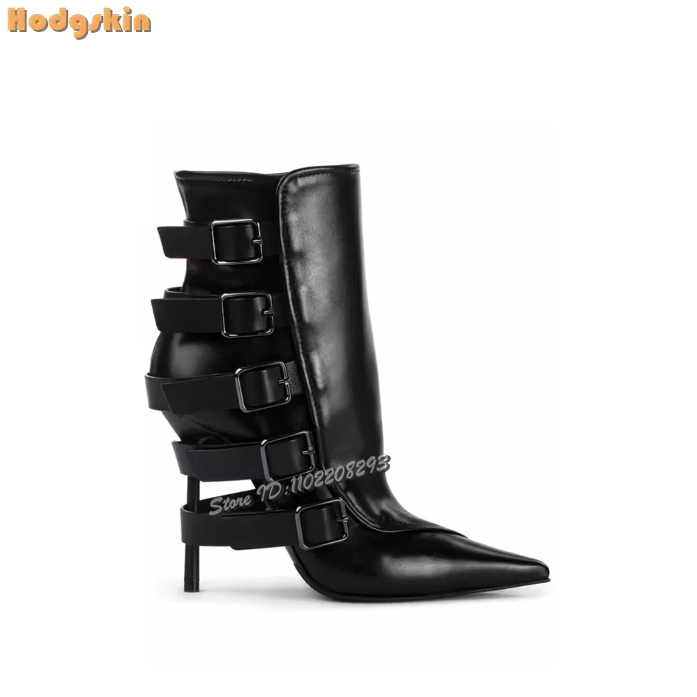 Retro Belt Buckle Stiletto Short Boots Pointed Toe Side Zipper Mid-calf Boots 2025 Autumn Catwalk Fashion Women High Heels Shoes - Image 6