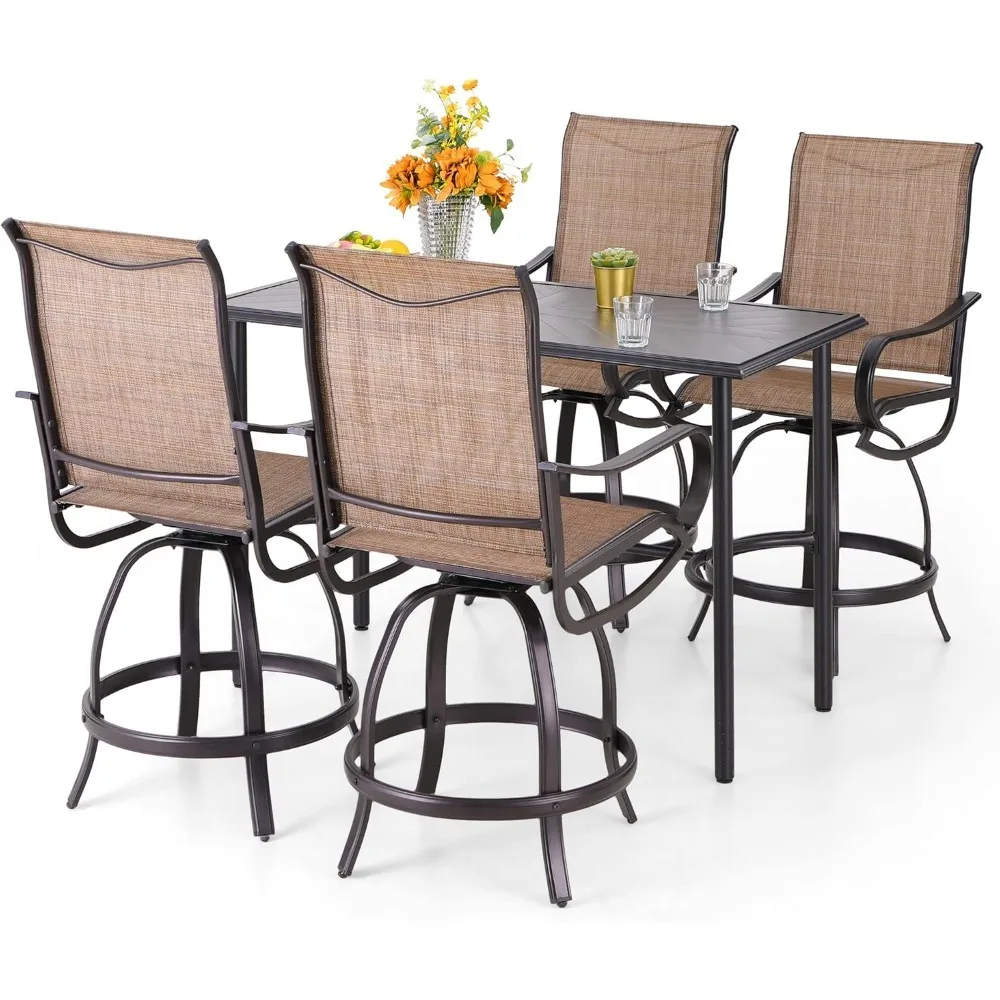 

5 Piece Outdoor Bar Set, Counter Height Patio Bar Table and Chairs with 26.8" Swivel Bar Stools Brown & Rectangle Table