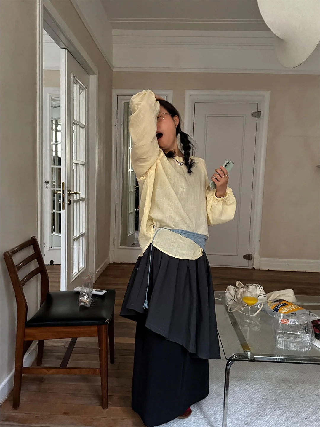 

Женская рубашка из хлопка и льна с рукавами-фонариками, повседневная, свободного кроя, с длинным рукавом, круглым вырезом, не деформируется, Весна 2026