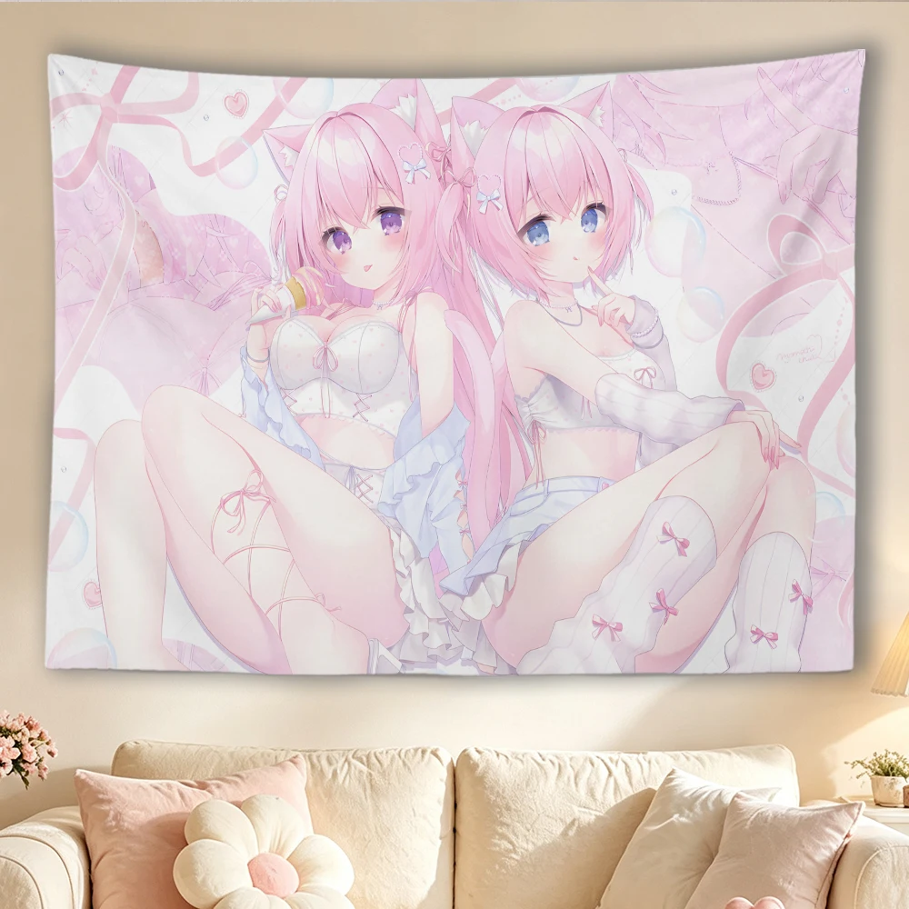 Kawaii Anime Cat Ear Girls Tapestry Pink Twin Girls Ribbon Heart Bubble Background Wall Hanging Aesthetic Bedroom Dorm Wall Deco