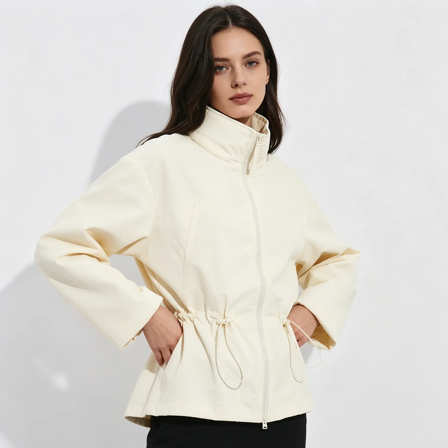 

PUAL Stand collar zip jacket, adjustable drawstring waist, lightweight minimalist casual outerwear for women daily outfit.