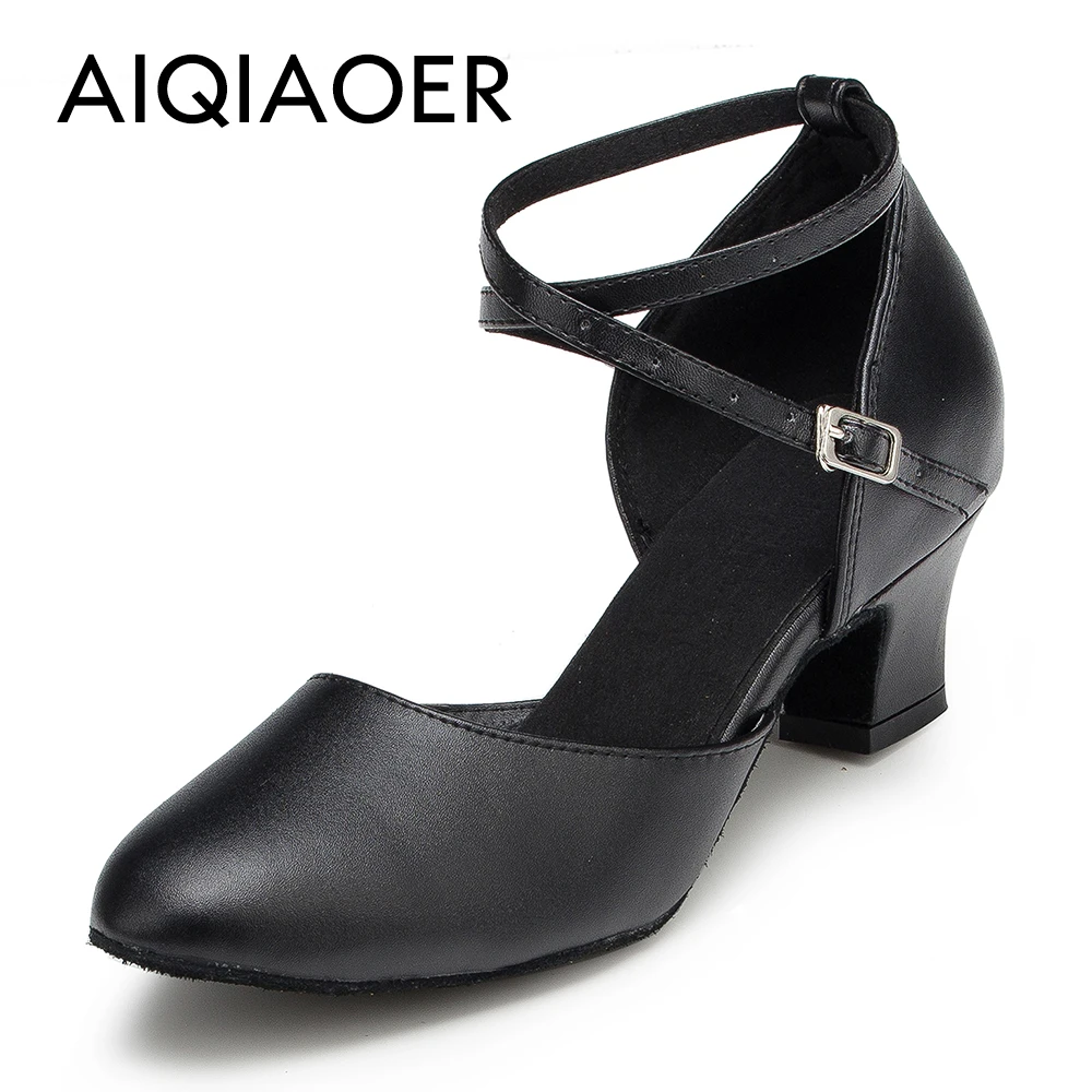 

Modern Leather Tango Shoes for Women, Waltz Dance Shoes for Lady, Black Leather, Closed Toe, Social Dance, 5 cm Thick Heel