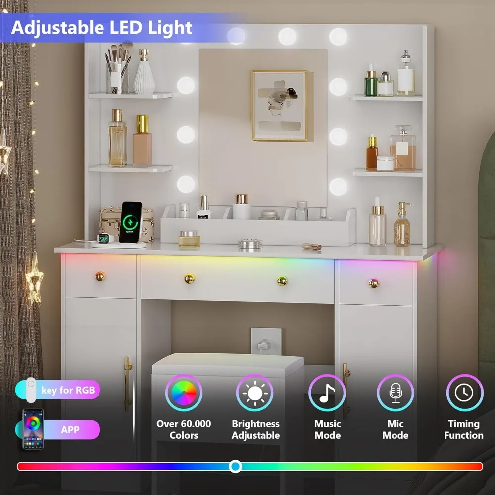 

Makeup Desk with Mirror & Lights: Charging Station, 3 Drawers & Stool - White Vanity Set​