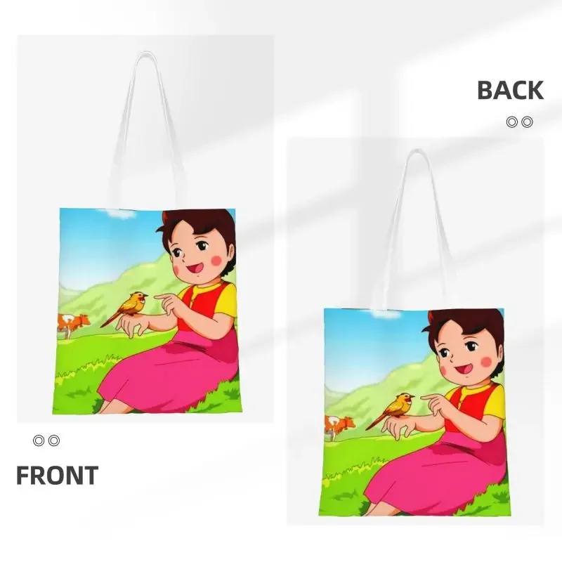 Cute Heidi Tames A Bird Shopping Tote Bag Recycling Cartoon Alps Mountain Canvas Groceries Shoulder Shopper Bag