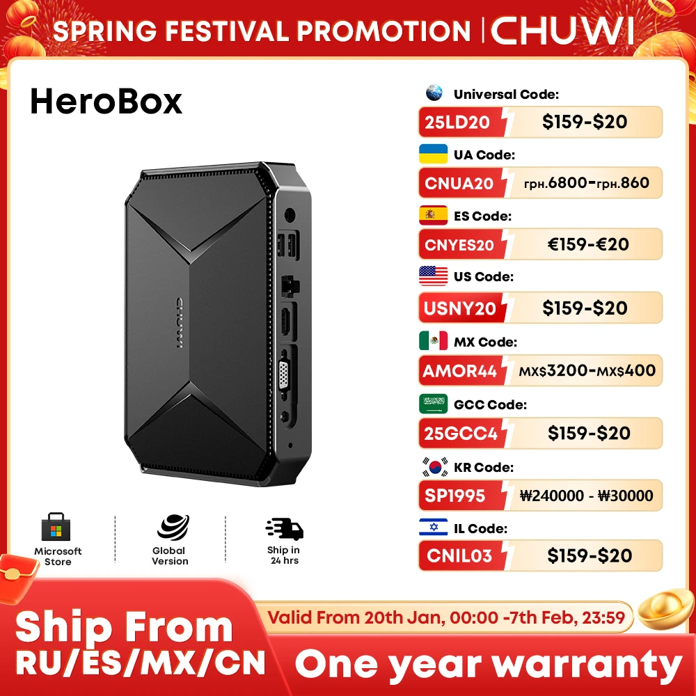 CHUWI Herobox Mini PC Intel 12th Gen N100 Quad Core 8GB RAM 256G SSD WiFi 6 BT5.2 Gigabit Ethernet VESA Up to 2TB SSD Windows 11