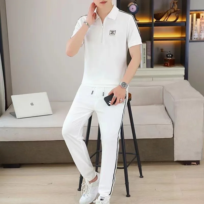

Summer New Sle Men's Casual Faion Slim Fit irt And Pants Set ort Sve Turn-down Collar Long Trousers Whole Set Trendy