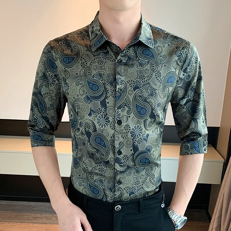 NOVEDAD DE VERANO 2024, camisa para hombre, camisa de manga media con flores fragmentadas a la moda, camisa ajustada con estampado de lujo de alta calidad, talla 4XL-M