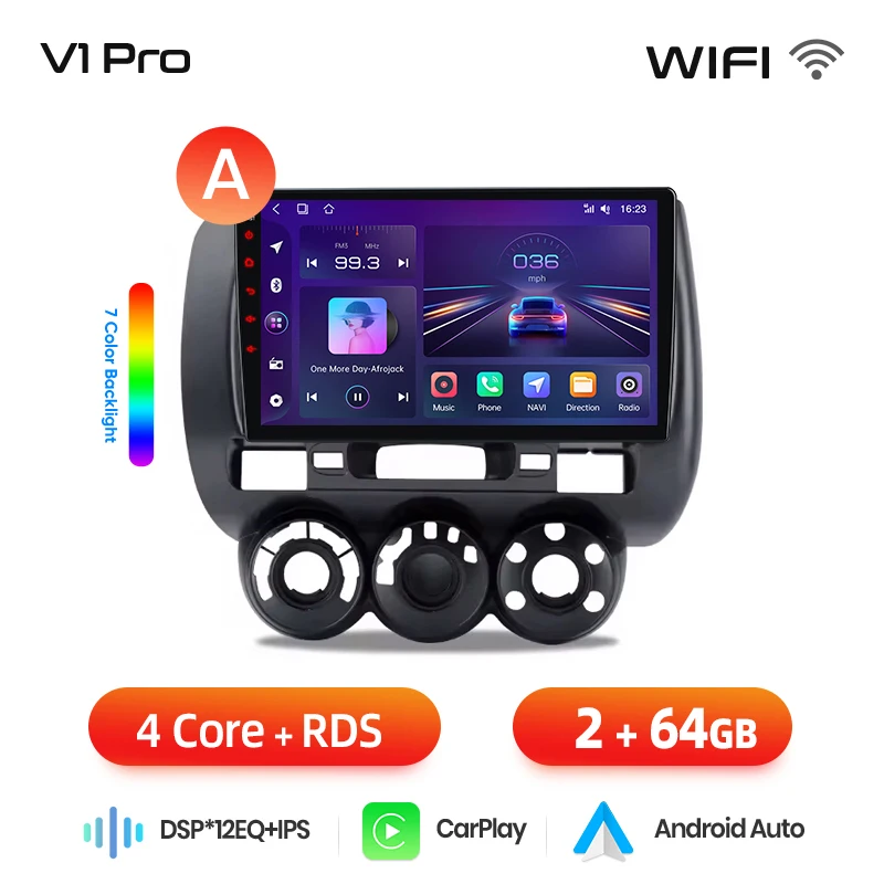Junsun draadloze CarPlay Android Auto autoradio voor Honda Jazz Mk2 (GD) 2002-2008 met ingebouwde koelventilator, Android GPS navigatie, multimediaspeler, WiFi, DSP, RDS, BT, SWC, IPS touchscreen,