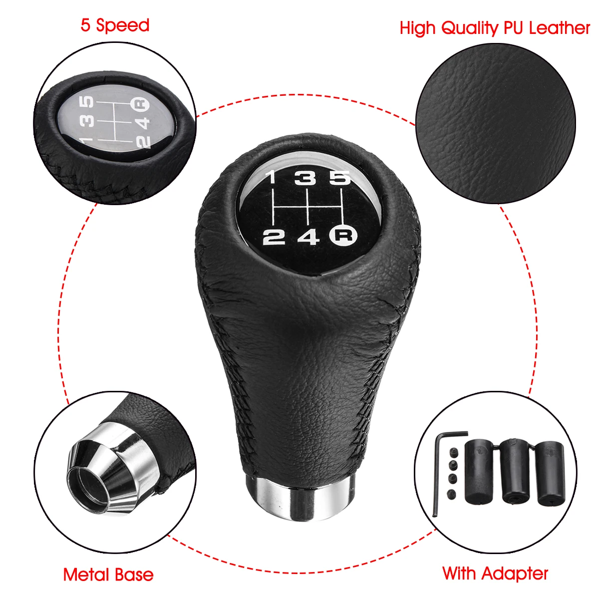 Universal 5 Speed Manual Car Gear Shift Knob PU Leather Gear Stick Shifter Lever Black Line Stitch with 3 Adapters