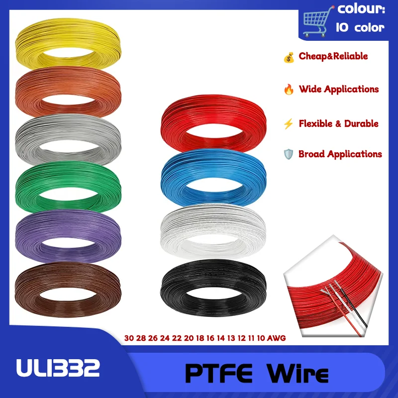 

1/5/10M 30 28 26 24 22 20 18 16 14 13 12 11 10 AWG UL1332 Wire High Temperature PFEP Insulated Tinned Copper Cable 3D Printer