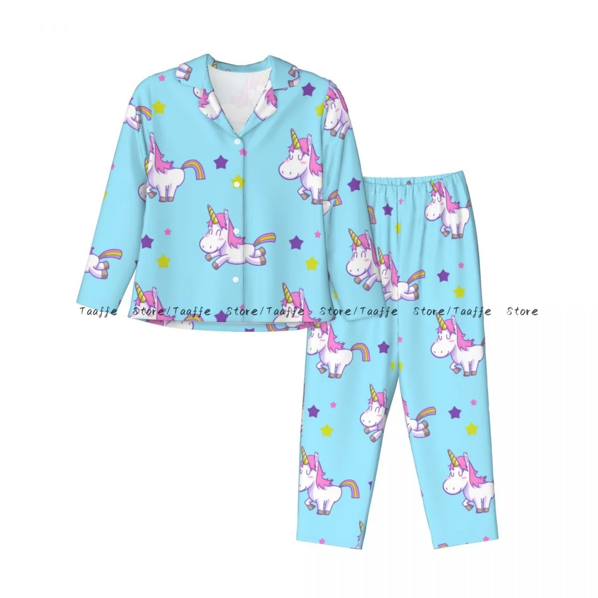 Unicorn Patern Womens Pajamas Loungewear Two-piece Sleepwear Button-Down Full Sleeve Long Pajamas Set