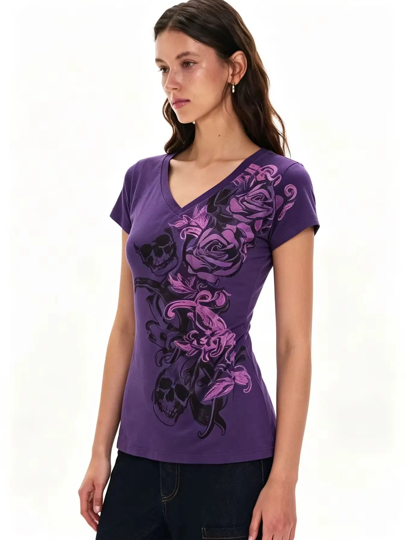 Image of Japanische Subkultur Vintage Lila Bedrucktes T-Shirt Damen Y2k Amerikanisches Retro Slim-Fit Oberteil Lässige Harajuku Grunge Mode Hottie Tops
