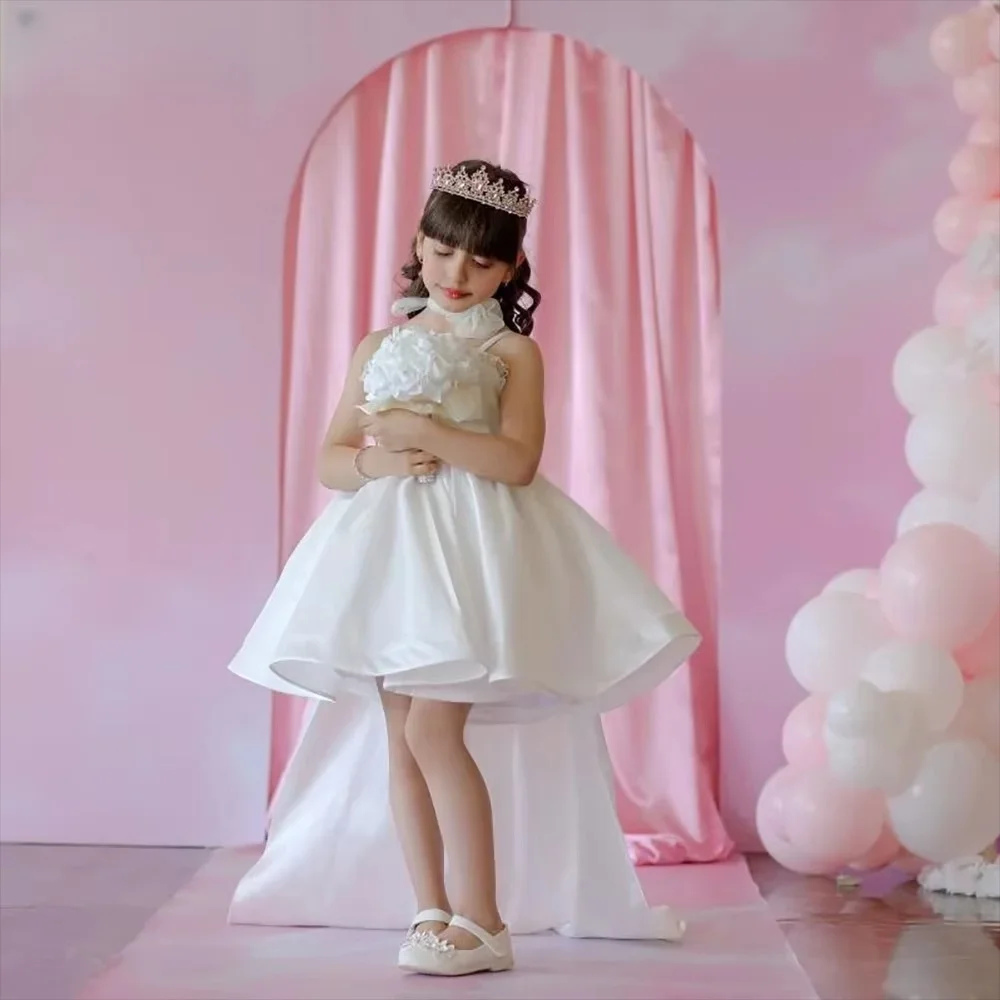 화이트 걸 플라워 드레스 스파게티 스트랩 새틴 공식 행사 드레스 3D 아플리케 생일 파티 소녀 미인 대회 드레스