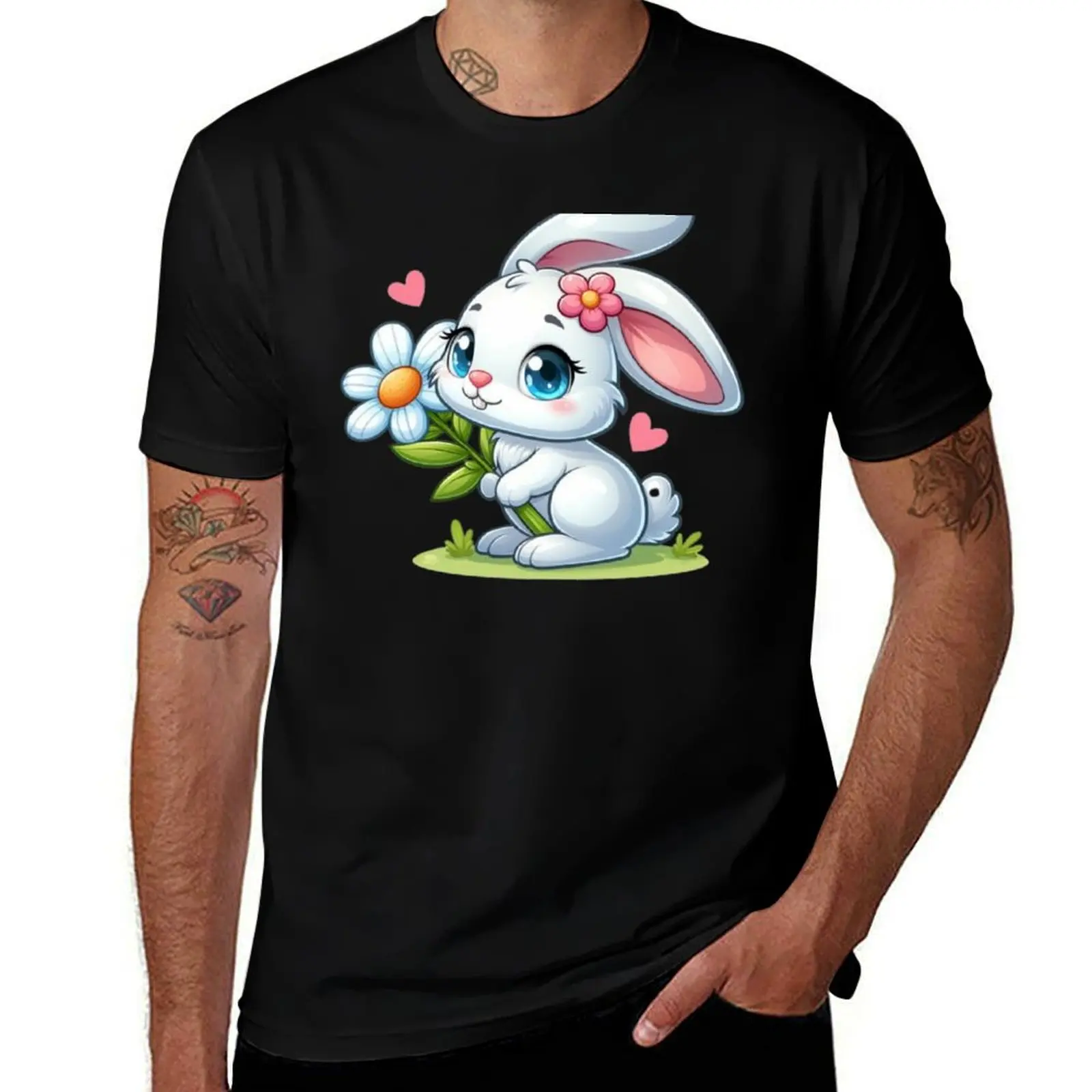

ARTYA- Cartoon white rabbit with blue eyes and flower T-Shirt T-shirts oversize blanks plus sizes clothing for men