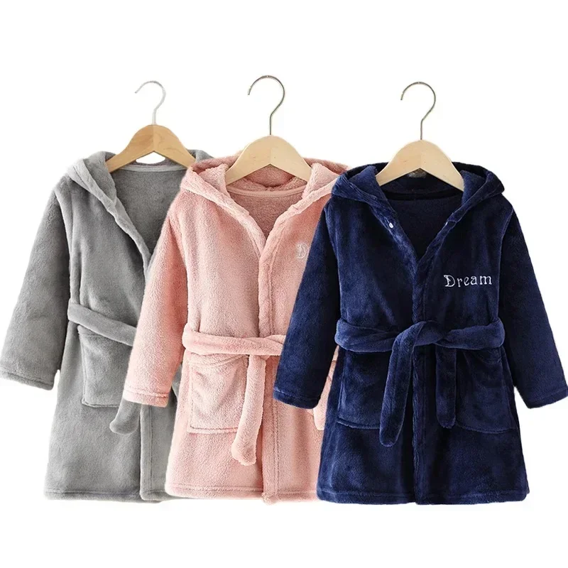 New Autumn Spring Kids Hooded Flannel Bathrobe Baby Bath Robes Boys Girls Cute Cartoon Soft Warm Pajamas Long Sleeve Towel Robe