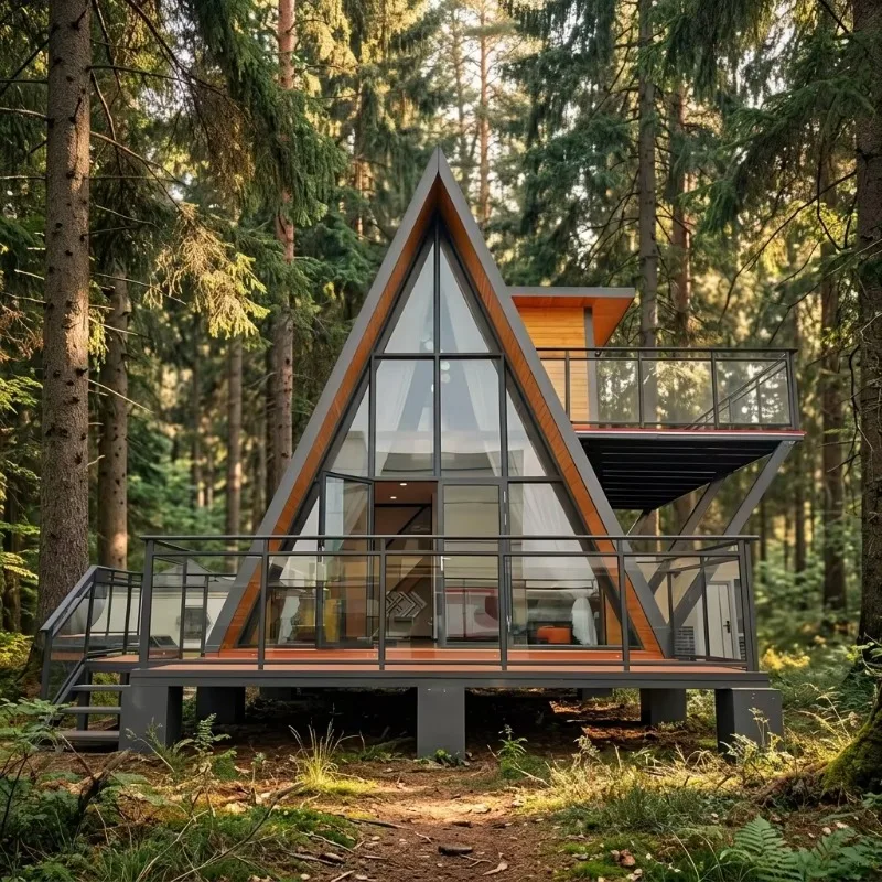 Secluded Isolated Getaway Triangular Prefab Wood Villa Tough Steel Structure Ideal for Glamping Holiday Resorts Customized