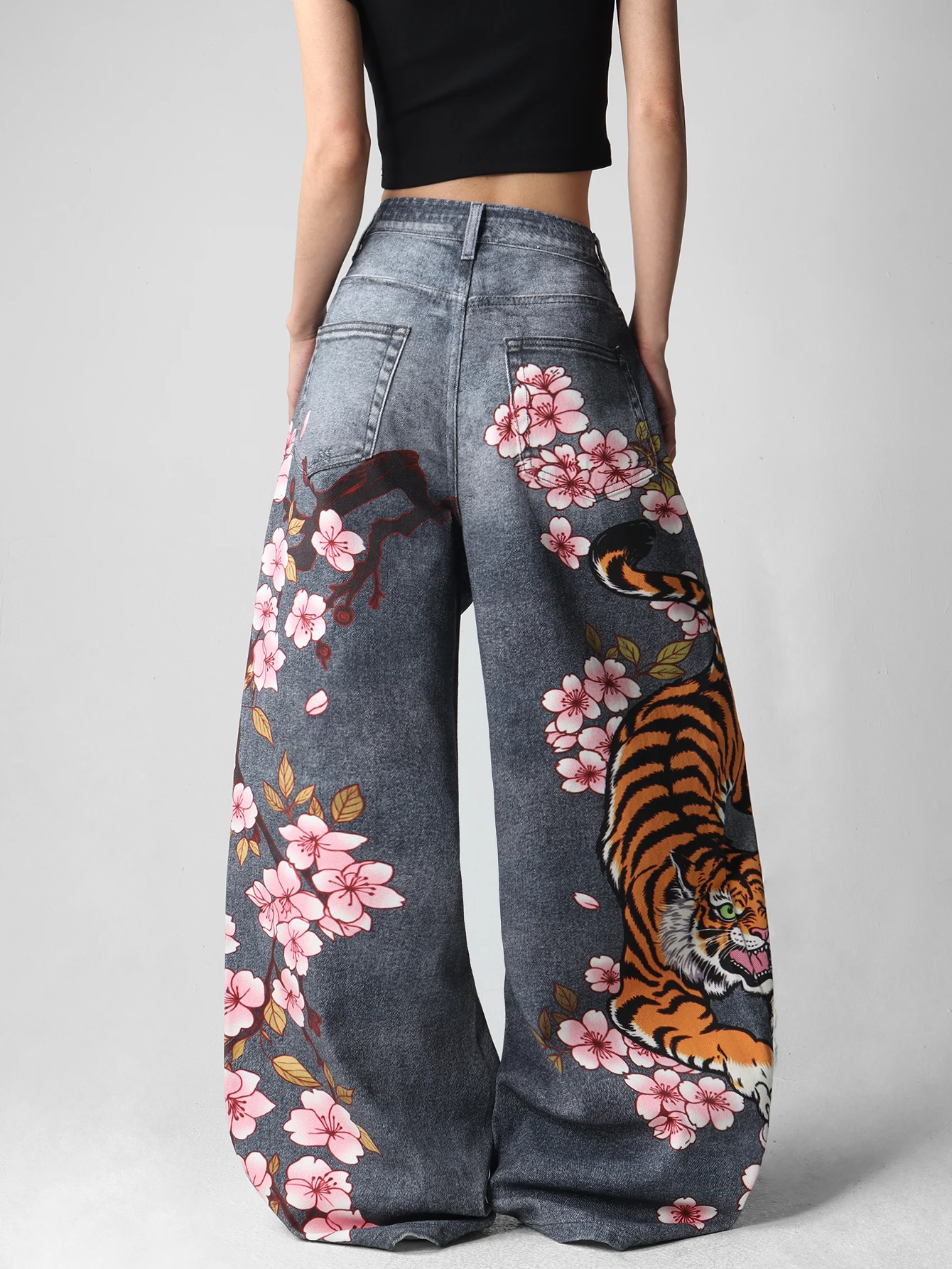 1 Pc New Style Tiger Floral Print Women's Jeans, Personalized, Trendy, Street Fashion, All-Season, Versatile, Wide-Leg Pants