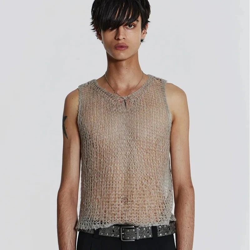 مثير الرجال سترة شخصية جوفاء سترة شفافة تصميم الأزياء الاتجاه الأعلى