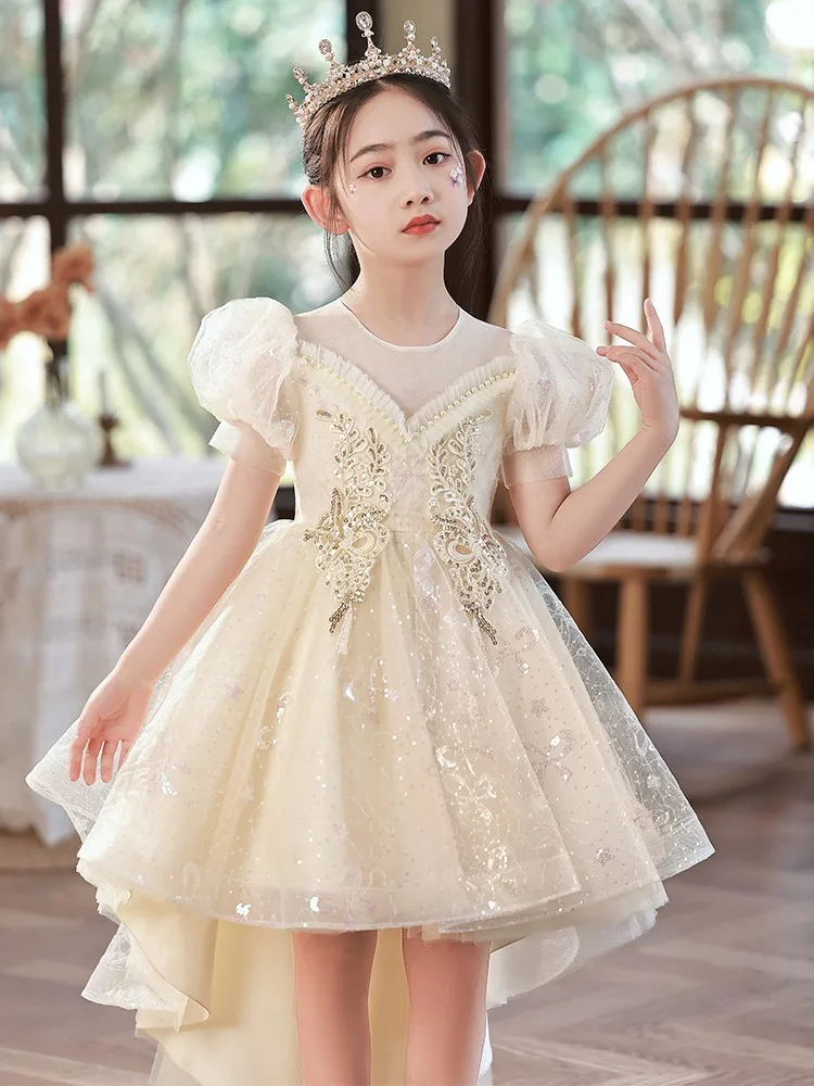 

Children's Tail Evening Dress Flower Girl Princess Dress Girl Host Wedding Dress Puffy Tulle Girl Piano Performance Dress Summer