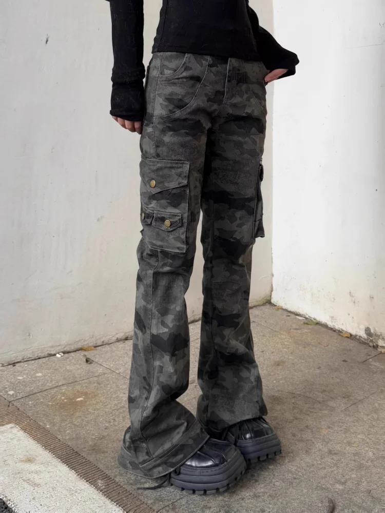 2025 Cyber Y2K Streetwear Camouflage Slim Flare Cargo Jeans Broek Voor Vrouwen Kleding Multi Zakken Dame Lange Broek Ropa Mujer