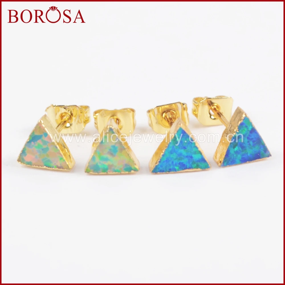 Fashion Triangle Shape Gold Plated Blue White Man-made Opal Stud Earring for Women Geometrical Earrings Jewelry Gift for Her