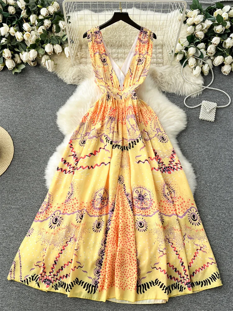 Summer Vacation Dress Woman 2024 Sleeveless V Neck Elegant Evening Party Long Dresses Women Vintage Print Chiffon Maxi Dress