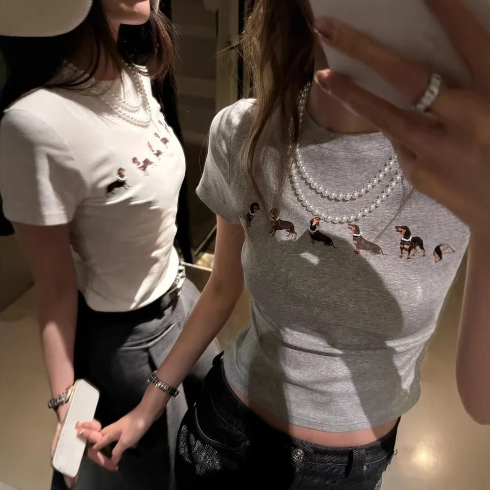 

Korean Style Cartoon Dog Short Sleeve T-shirt Dachshund Chic Y2K Crop Top Sweet Slim Fit Tees Shirts Women Girls
