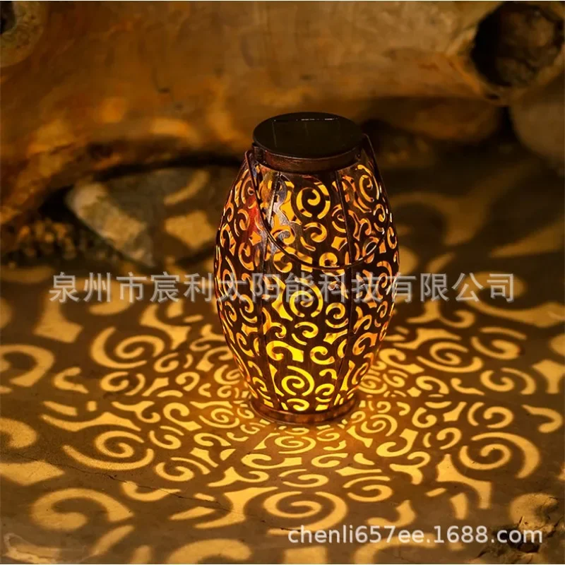 Large jungle hollowed out solar iron hollowed out hand-held lamp, outdoor garden lamp, courtyard decorative lamp