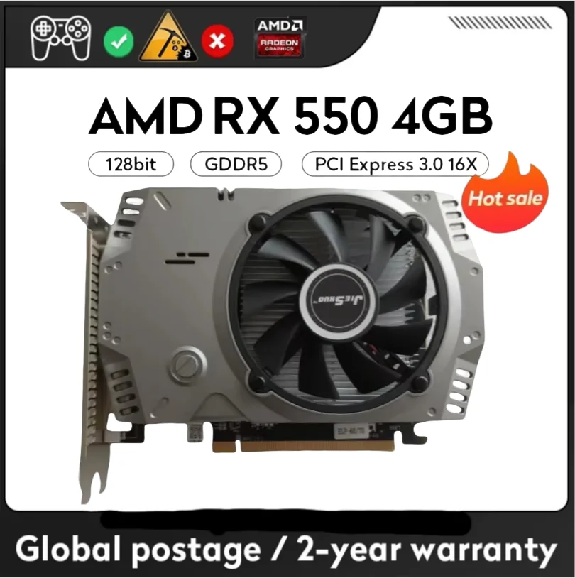 JIESHUO AMD GPU Radeon RX 550 4GB,placa de video,GDDR5, 128Bit, 14nm，PC, RX550, PCI-E 3.0x8，gaming graphics cards,550RX