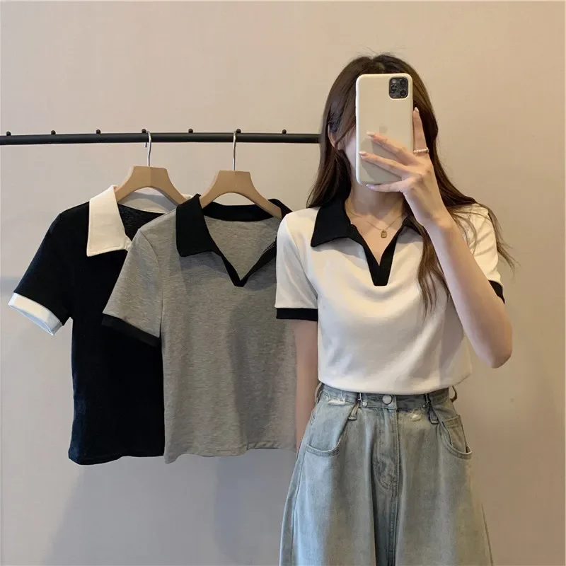 Summer Color matching Women t shirt harajuku short sleeve black white T-Shirts Korean casual slim Female Basic y2k Tees crop top