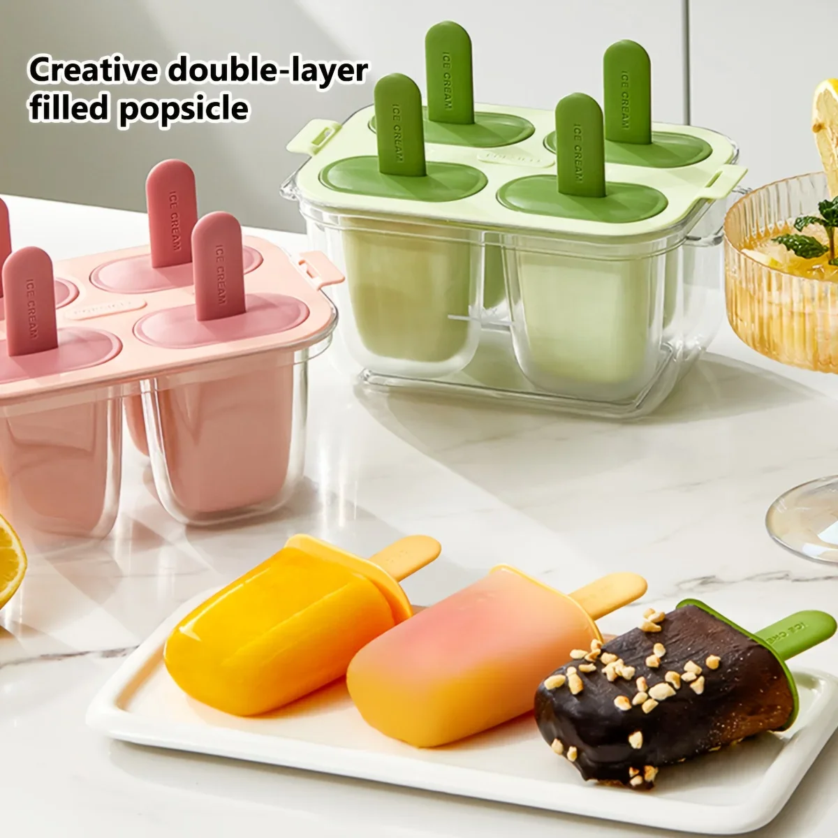 

Popsicle Mold Household Ice Cream Mold Double-layer Food Grade Ice Lattice Maker Box Making Tool Popsicle for Juices and Fruits