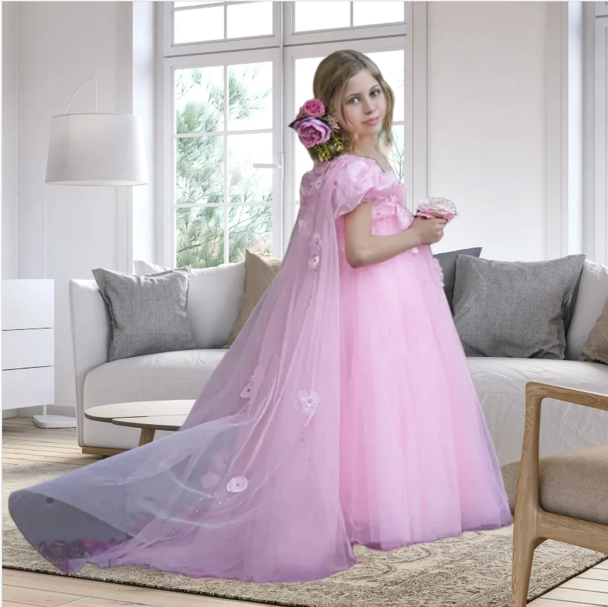 

Charming Pink Puff Sleeves Floor-Length Flower Girl Dresses with Tulle Cape 3D Flowers First Communion Gowns Customized
