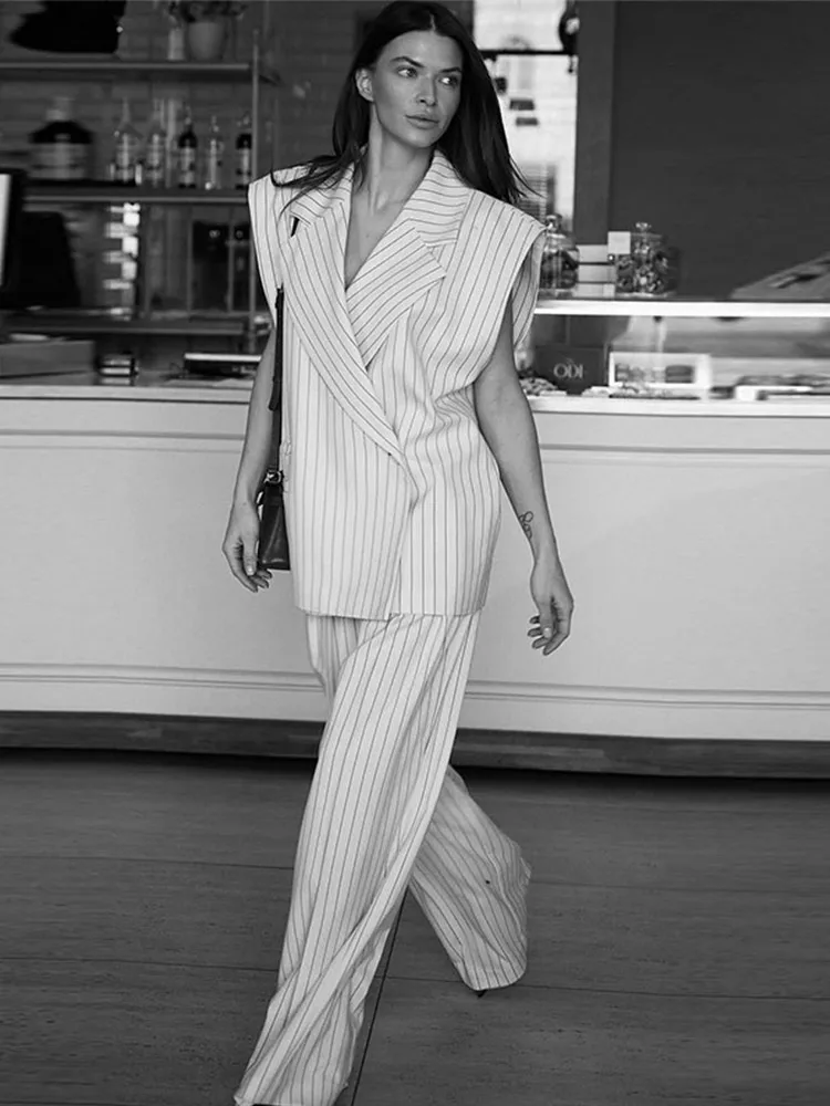 

Casual Striped Print Women's Pant Set Chic Lapel Single Breasted Shirts High Waist Loose Pant Female 2 Pieces Summer Outfits