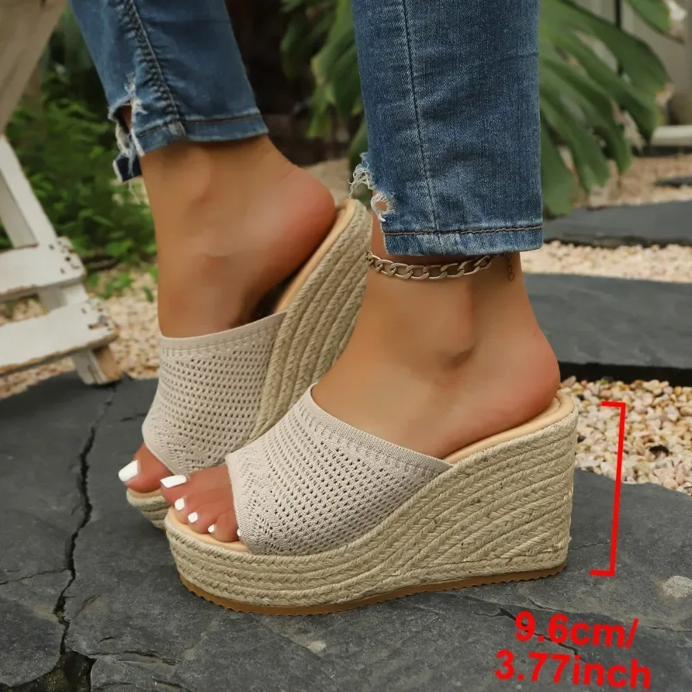 Women Espadrille Wedge Slippers Open Toe Knit Platform Mules Summer Jute Woven High Heel Sandals Slip On Beach Slides view 6