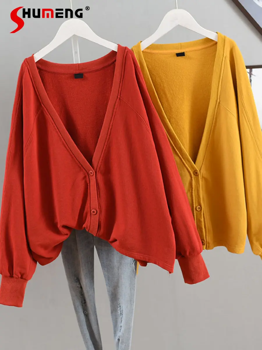 Oversized Sweatshirt Loose Slimming V-Neck Simple Comfortable Cardigan Jacket Women Autumn Winter Single-Breasted Hoodies Coat