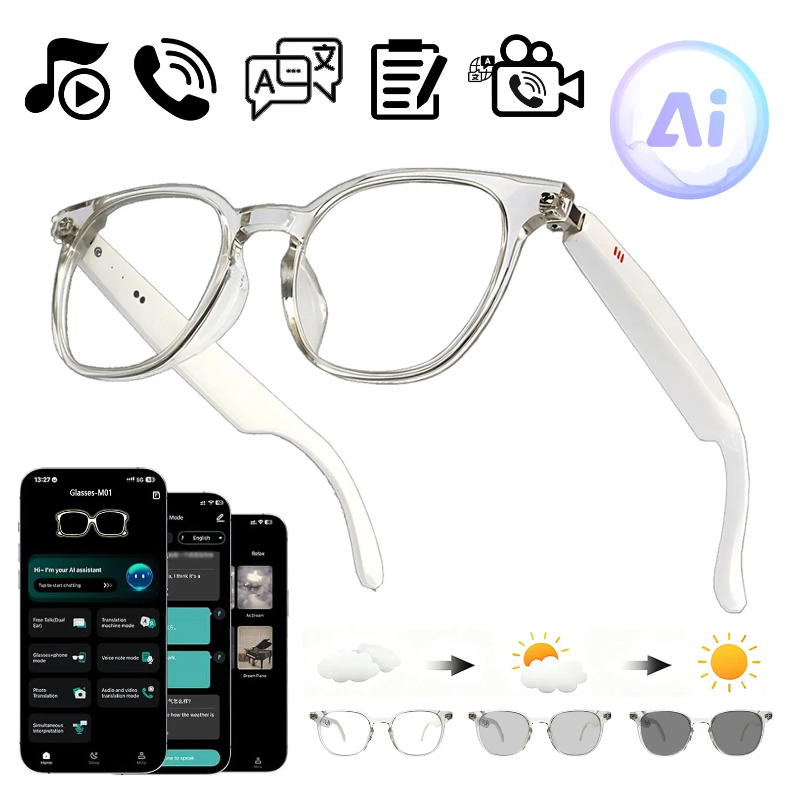 

Аудиоочки, очки для перевода, воспроизведение музыки, телефонные звонки, перевод через приложение, фотохромные линзы, сенсорное управление.