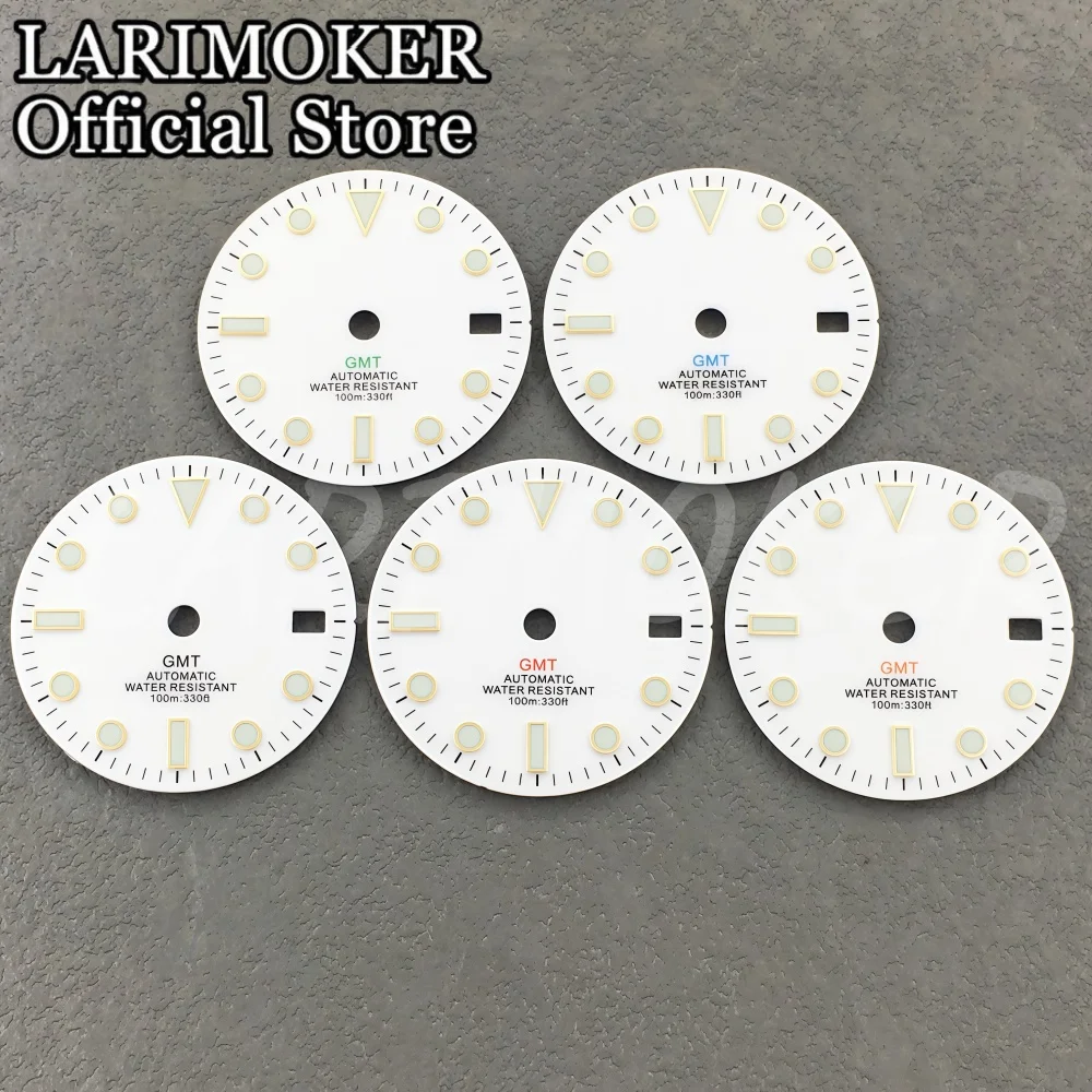 

LARIMOKER 29 мм золотой индекс GMT, белый стерильный циферблат для часов с зеленым светом, подходит для NH34A, аксессуар для часов с автоматическим механизмом