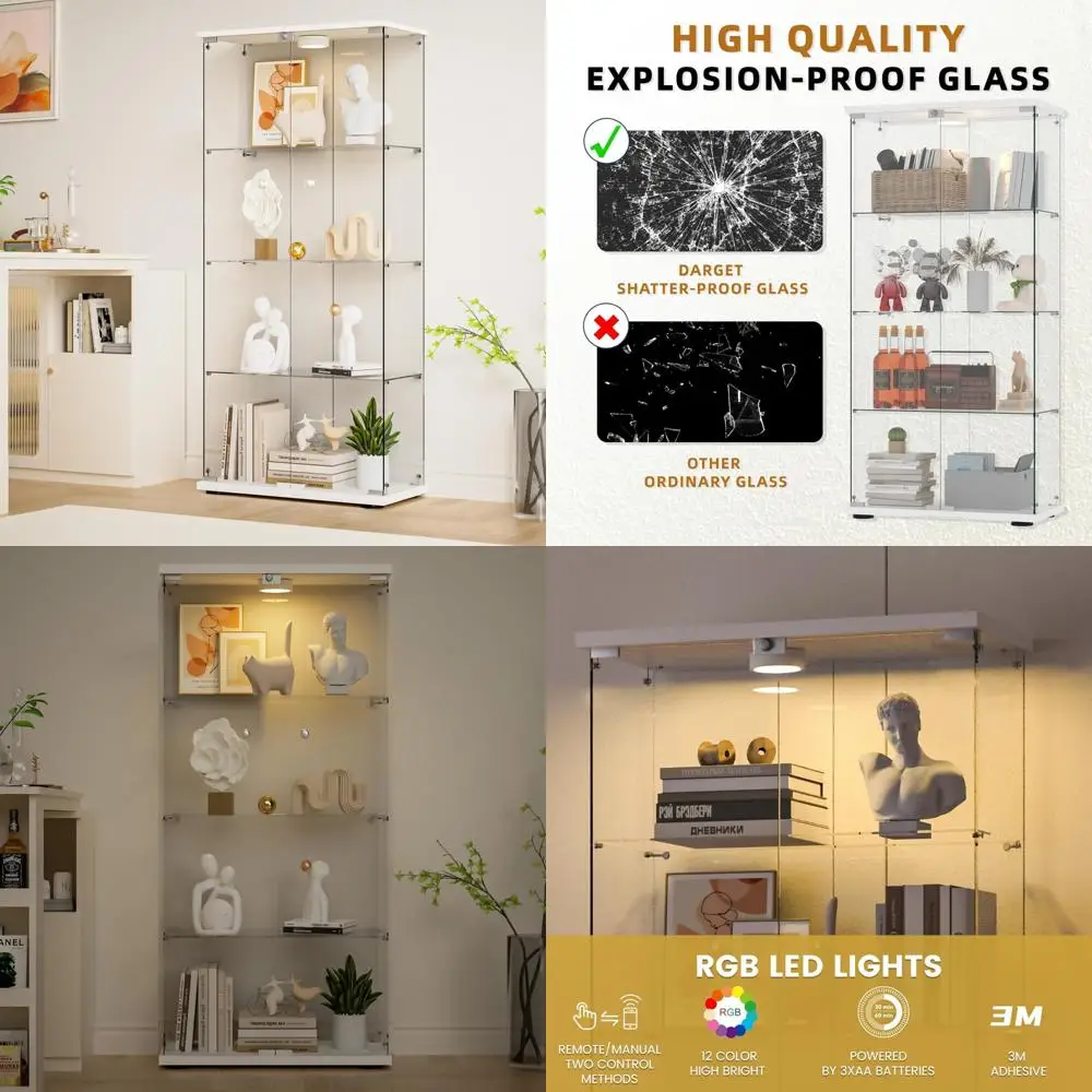 LED Illuminated Lockable 4-Shelf 2-Door Glass Display Cabinet with Tempered Glass Floors