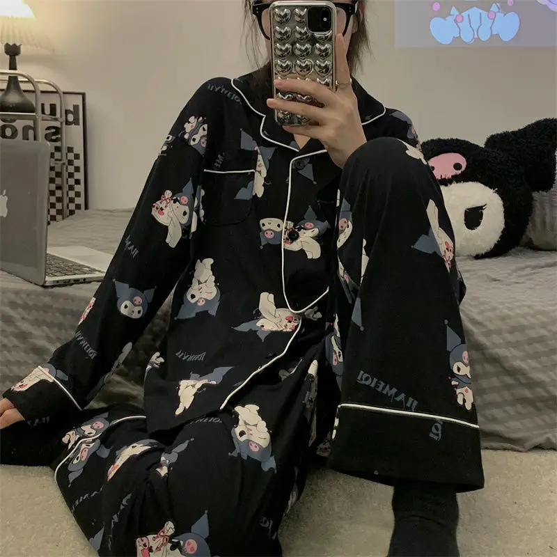 

Sanrio Girl, пижамный костюм с длинными рукавами для отдыха, весенний костюм Kawaii Kuromi, аниме, модные сексуальные длинные брюки, одежда для отдыха на улице
