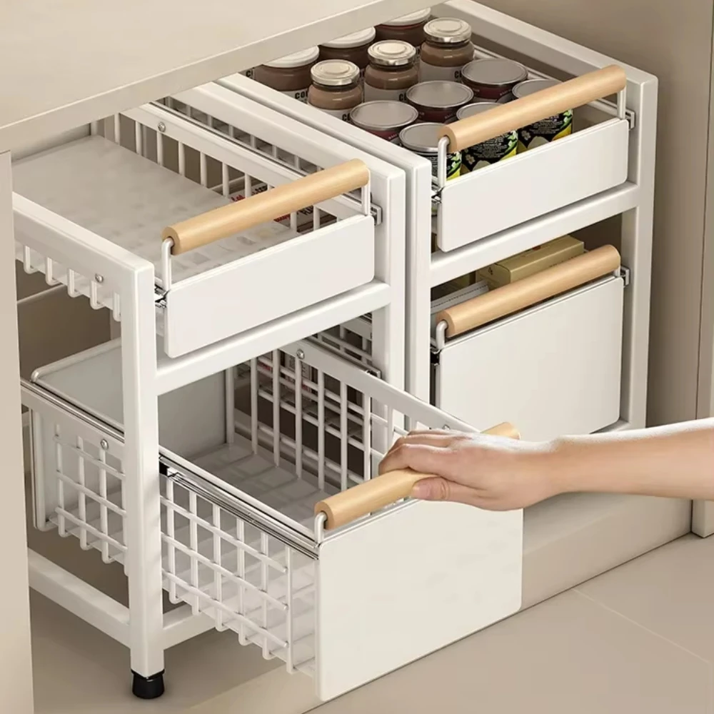 Kitchen Storage Rack Pull-Out Layered Racks High-capacity Carbon Steel Bathroom Cabinet Cosmetic Seasoning Dish Countertop Shelf