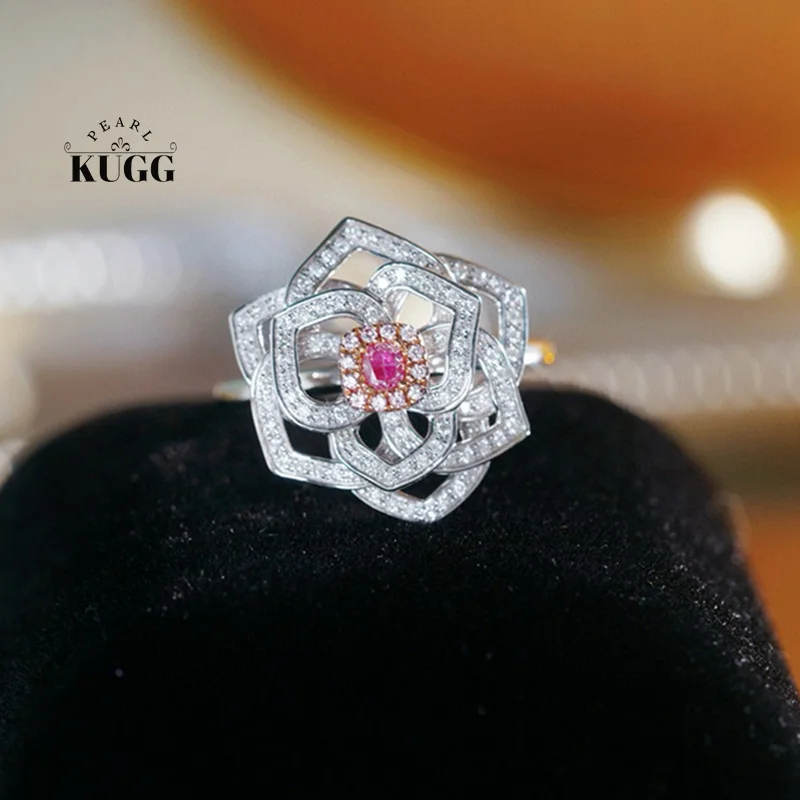 

KUGG 100% кольца из белого золота 18 карат, женское обручальное кольцо с натуральным розовым бриллиантом, романтическое кольцо в форме розы в форме скелета, ювелирные изделия для вечеринок
