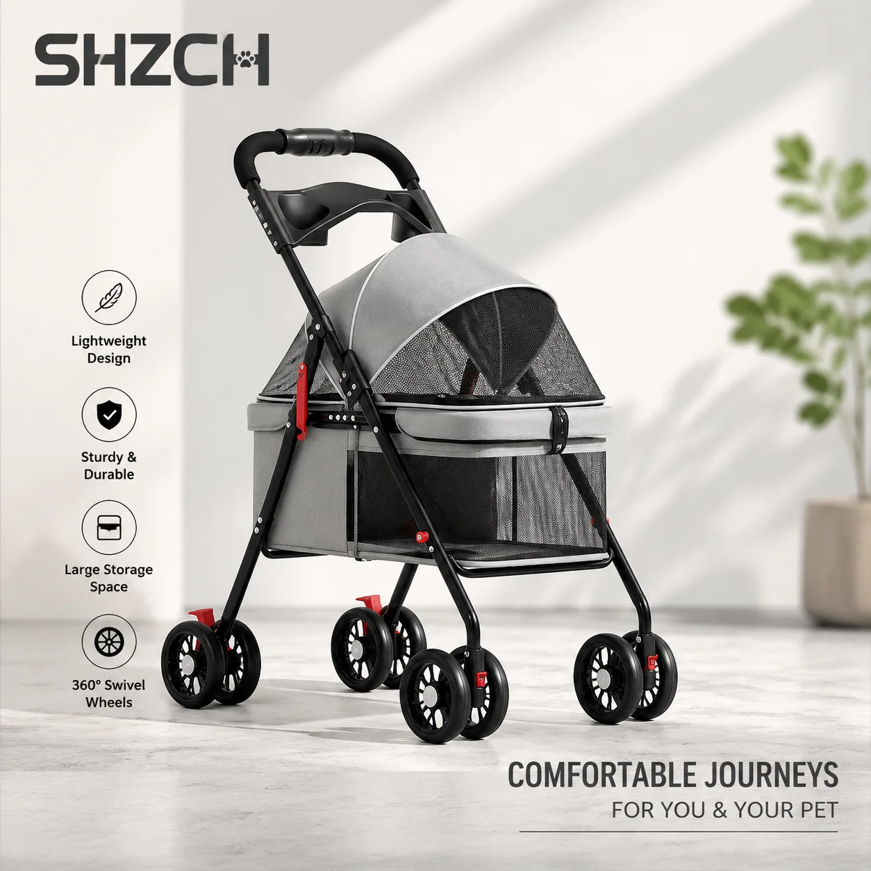 Foldable Pet Stroller Swivel Handle Dog Cart Cat Cart Wheelchair Lightweight Travel Carrier for Small Pets