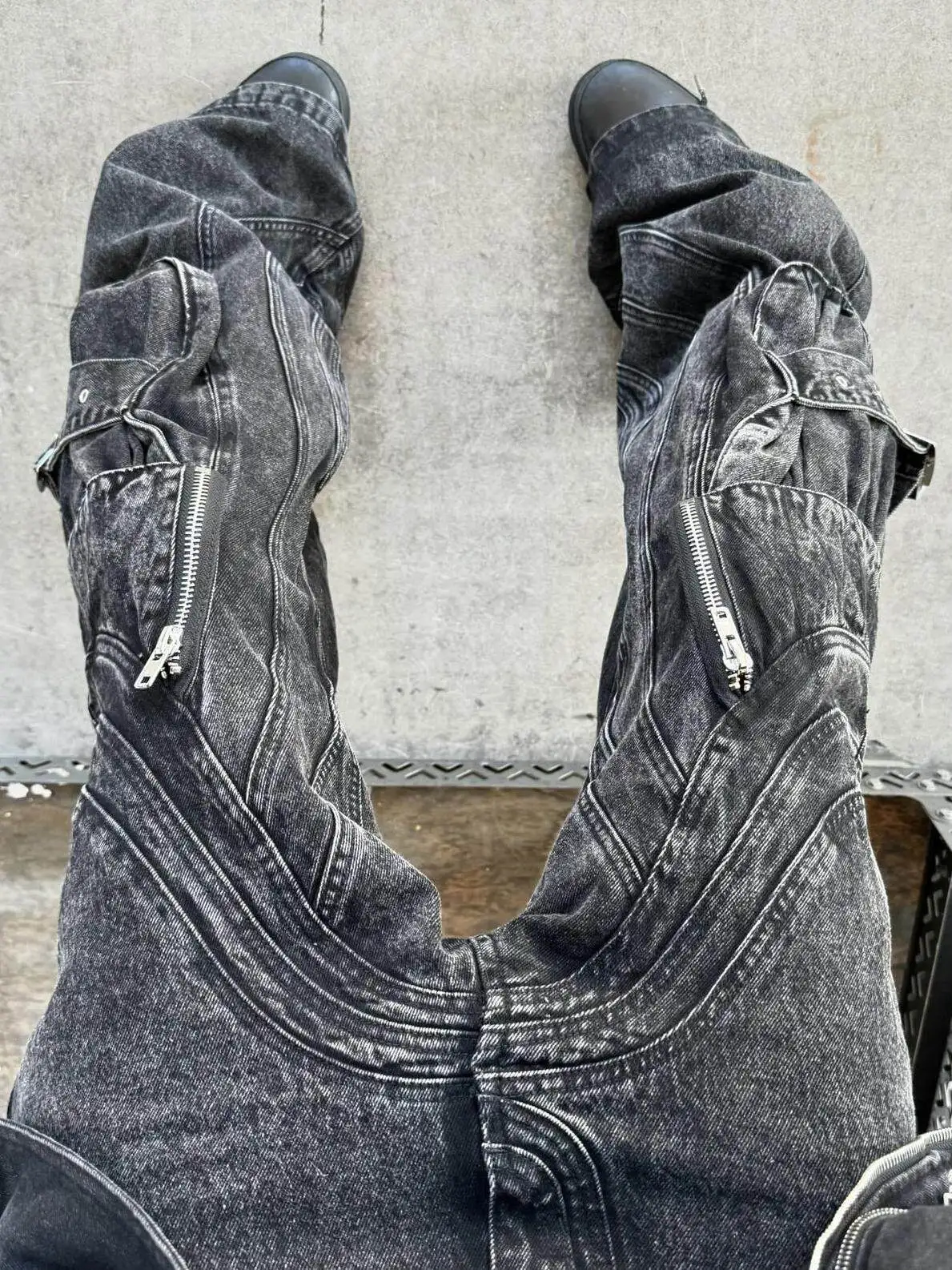 No Faith Studios Multi-Pocket Waves Black Washed Trousers 3D Cut Tooling Jeans