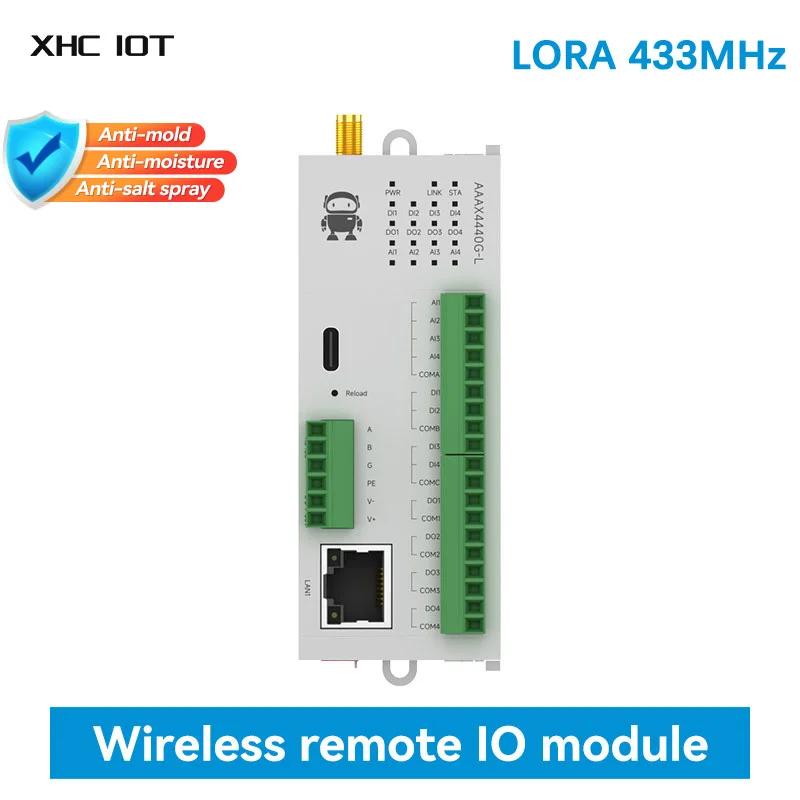 

4DI+4AI+4DO LoRa 433MHz Distributed Remote IO Module XHCIOT M31-AAAX4440G-L LoRa RJ45 RS485 Host Module Modbus 30dBm 10KM
