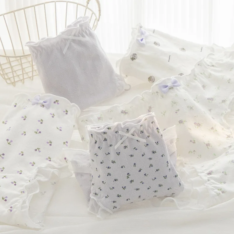 

SP & CITY, милое нижнее белье из хлопка с фиолетовым цветком и рюшами для женщин, дышащие трусики со средней талией и милым бантом, студенческие мягкие удобные трусы