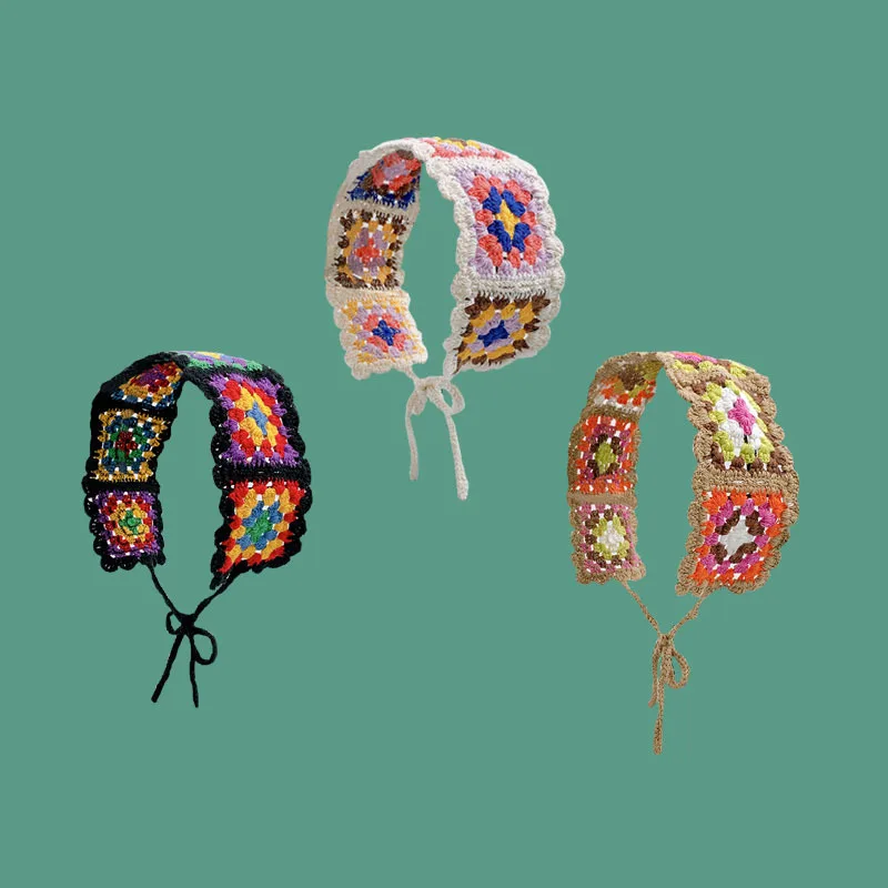 Turbante de ganchillo hueco de punto de flores para mujer, diademas Vintage, bufanda de pelo de moda para mujer, diadema de vacaciones, accesorios para el cabello bohemios