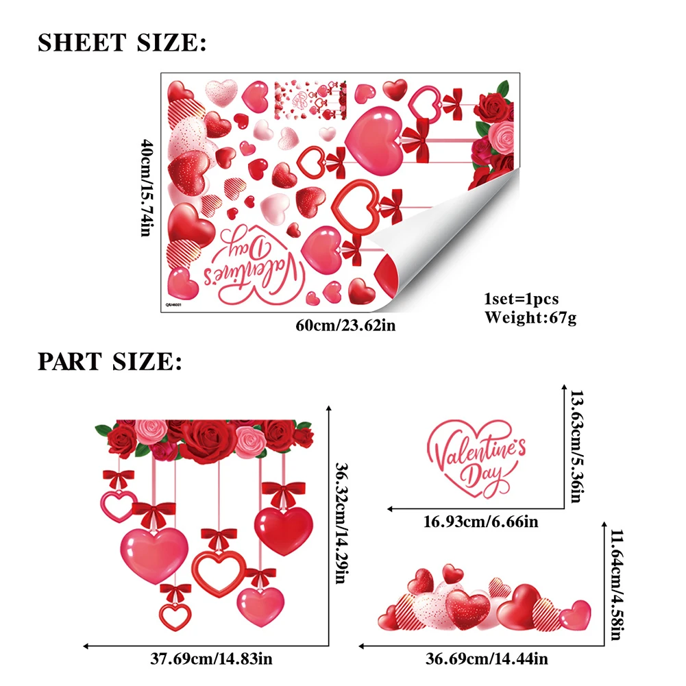 2Pcs Valentines Day Window Clings Red Heart Double-Sided Stickers Decals for Glass Doors Walls Home and Classroom Use